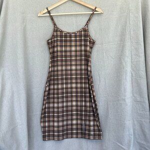 Just Polly Plaid Dress Large Brown Check Knit Pull-on Jumper 90's Y2K Bodycon